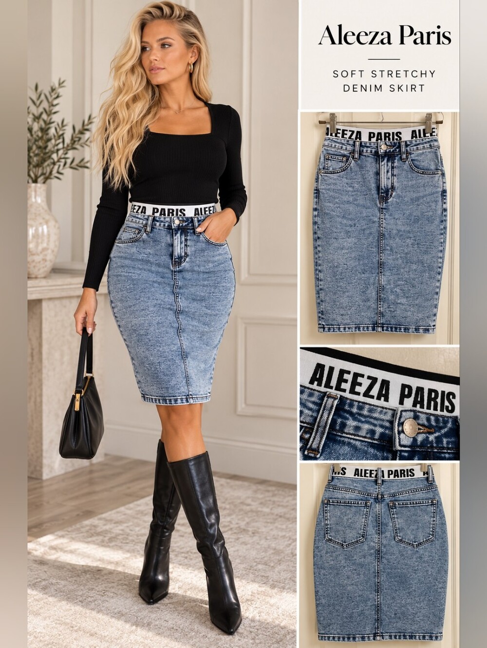 Aleeza Paris Denim Pencil Skirt XS NWT Logo Waist Stretch Blue Jean